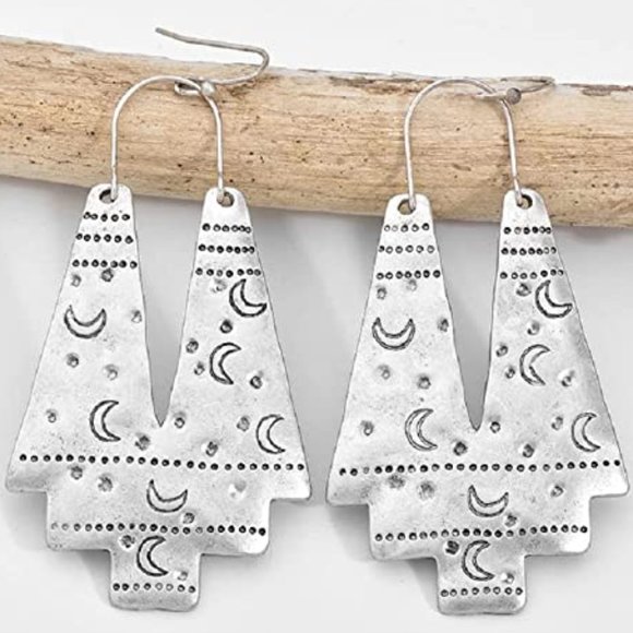 Antiqued Silver Crescent Moons Dangle Moon Earrings Modern Bohemian Boho New - Picture 4 of 5